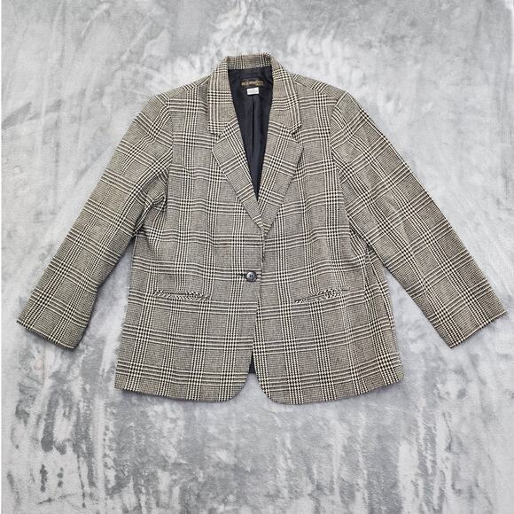 Vintage Requirements Blazer Women 14 PETITE Black Cream Plaid Wool Single Button - Picture 1 of 7